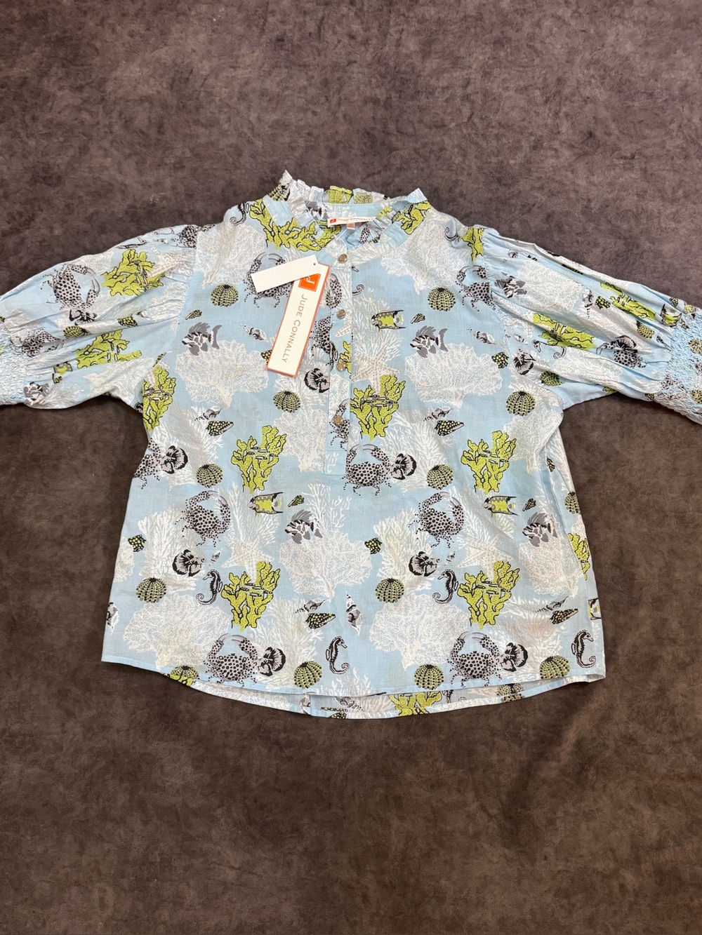Women Jude Connally coral reef
 cotton blouse metallic details puff sleeve Xl